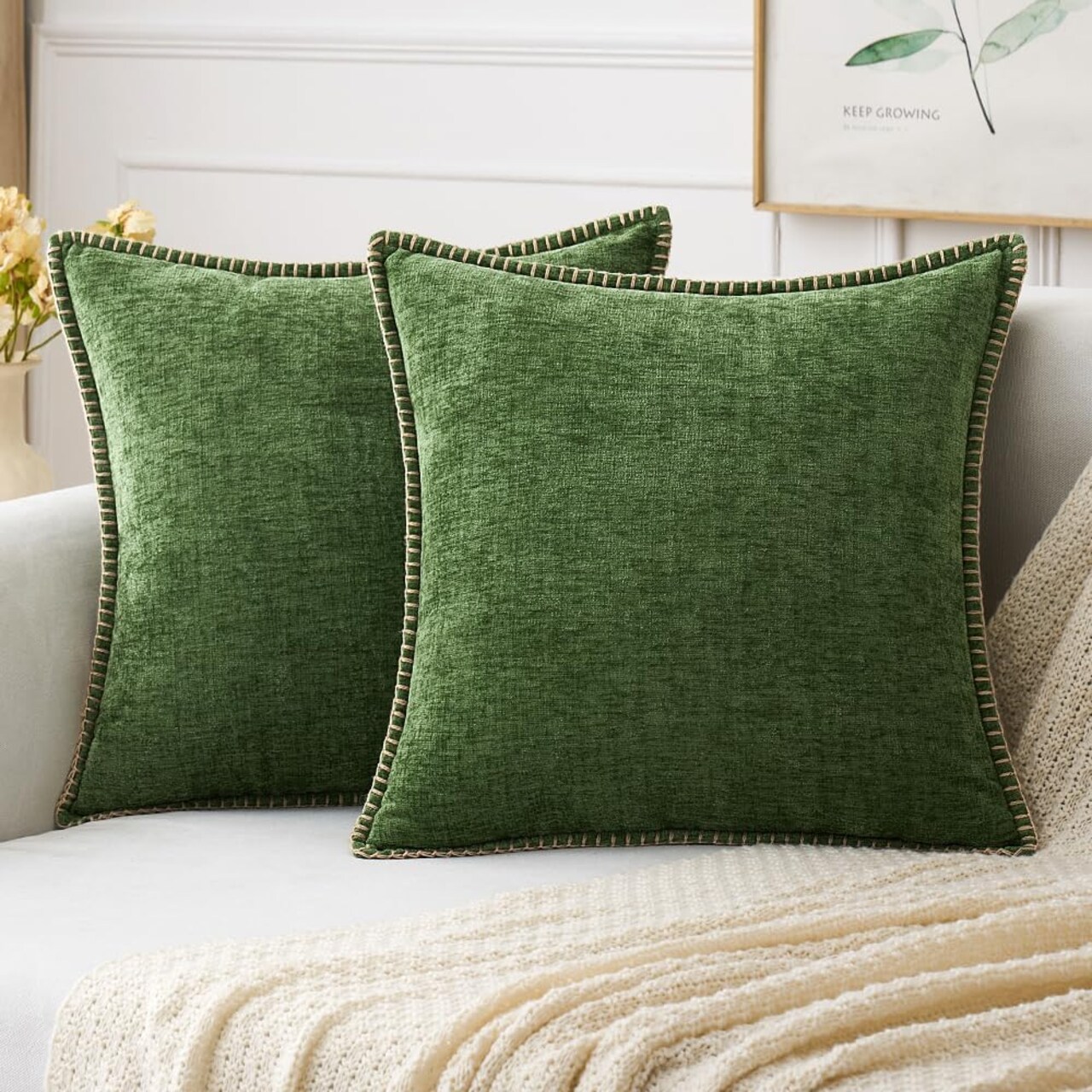 Pack of 2 Pillow Covers 18x18 Inch Moss Green Farmhouse Decorative Throw Pillow Covers with Stitched Edge Soft Chenille Solid Dyed Couch Pillow Covers for Sofa Bed Living Room